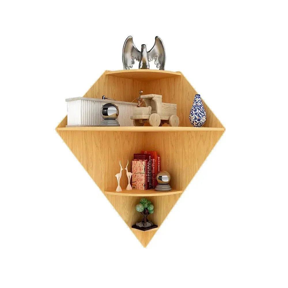 Diamond Shape Wood Corner Wall Shelf / Book Shelf, Oak Finish - All India Decor