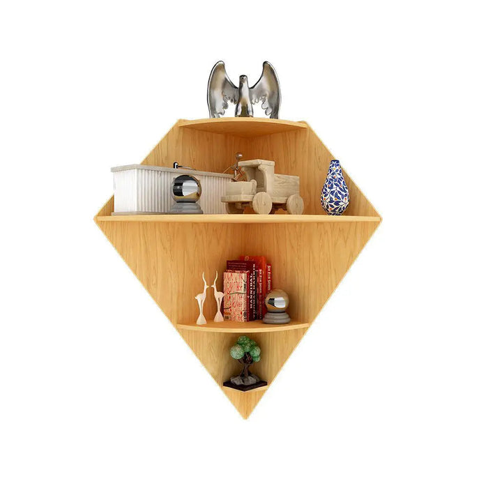 Diamond Shape Wood Corner Wall Shelf / Book Shelf, Oak Finish