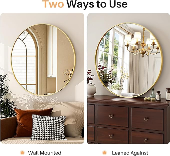 Two ways to use a round gold mirror in a home setting.