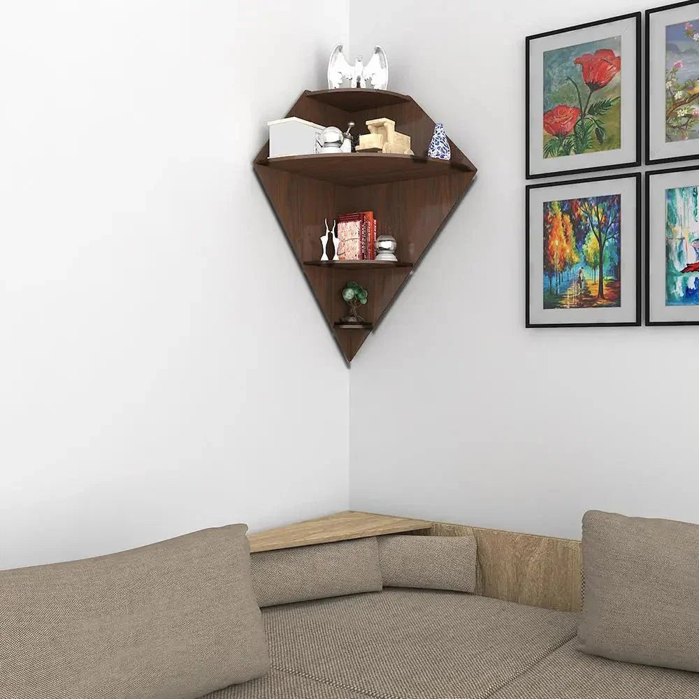 Diamond Shape Wood Corner Wall Shelf / Book Shelf, Walnut Finish - All India Decor