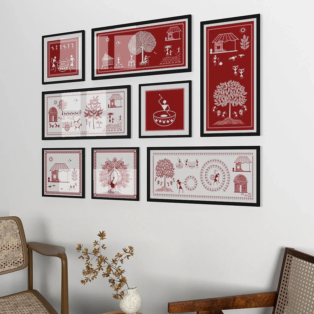 Warli Red Art Frame Set Of 8 - All India Decor