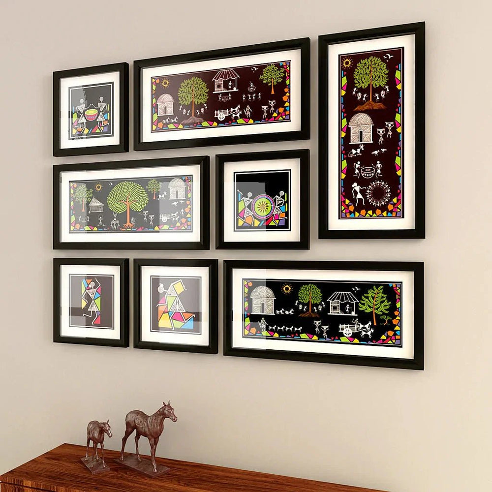 Warli Black Art Frame Set of 8 - All India Decor