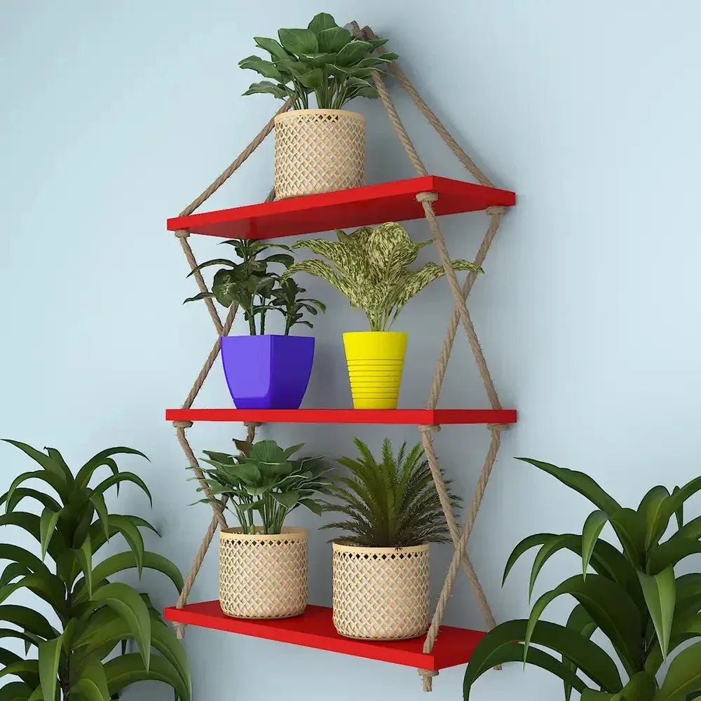Cross Rope Wooden Wall Hanging Planter Shelf (Red Color) - All India Decor