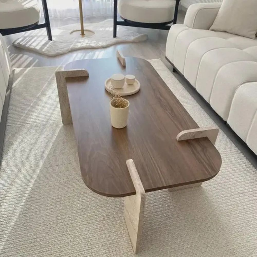 Wooden coffee table with a modern living room setting