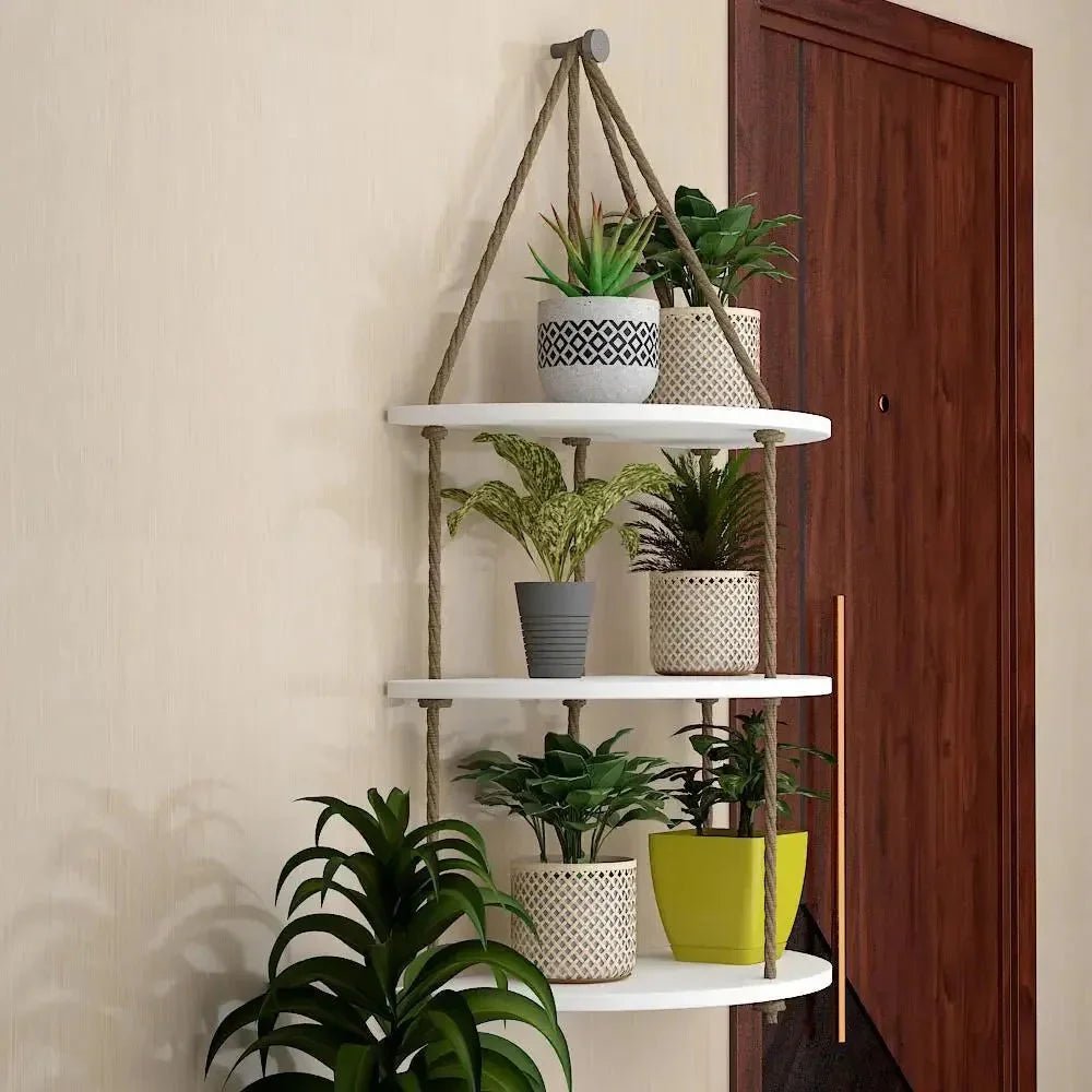 Wooden Wall Hanging Planter Shelf with Rope Three Layers(White) - All India Decor