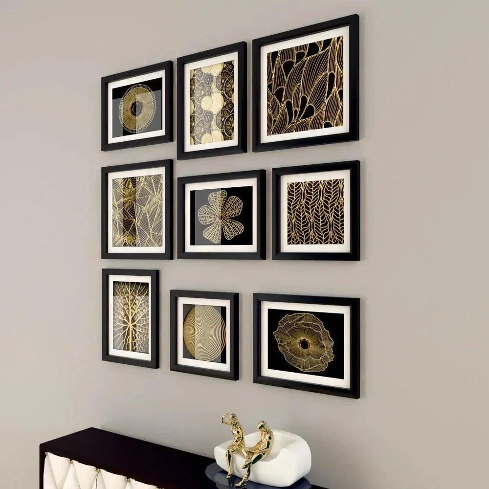 Contemporary Art Golden Framed Wall Art Set of 9 - All India Decor