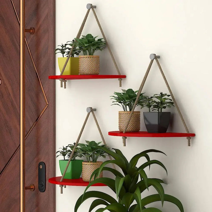 Wooden Wall Hanging Curved Shape Planter Shelf with Rope (Red)