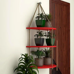 Wooden Wall Hanging Planter Shelf with Rope Three Layers(Red) - All India Decor