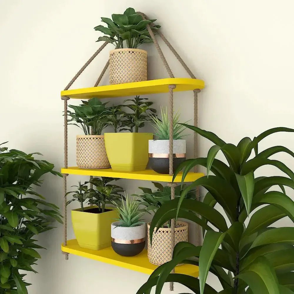 Wooden Wall Hanging Planter Shelf with Rope Three Layer (Yellow color) - All India Decor