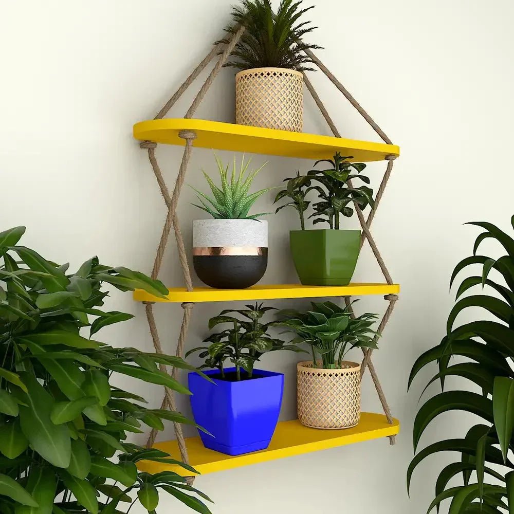 Wooden Wall Hanging Planter Shelf, Cross Rope with Three Layer (Yellow Color) - All India Decor
