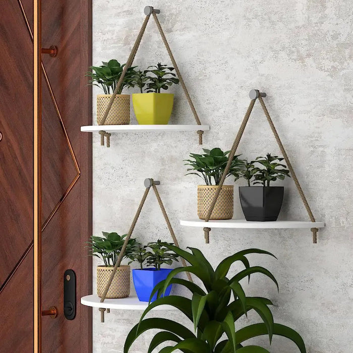 Wooden Wall Hanging Curved Shape Planter Shelf with Rope (White)