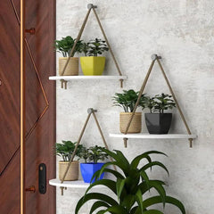 Wooden Wall Hanging Curved Shape Planter Shelf with Rope (White) - All India Decor