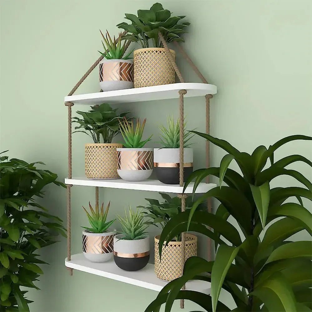 Wooden Wall Hanging Planter Shelf with Rope Three Layer (White Color) - All India Decor