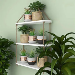Wooden Wall Hanging Planter Shelf with Rope Three Layer (White Color) - All India Decor