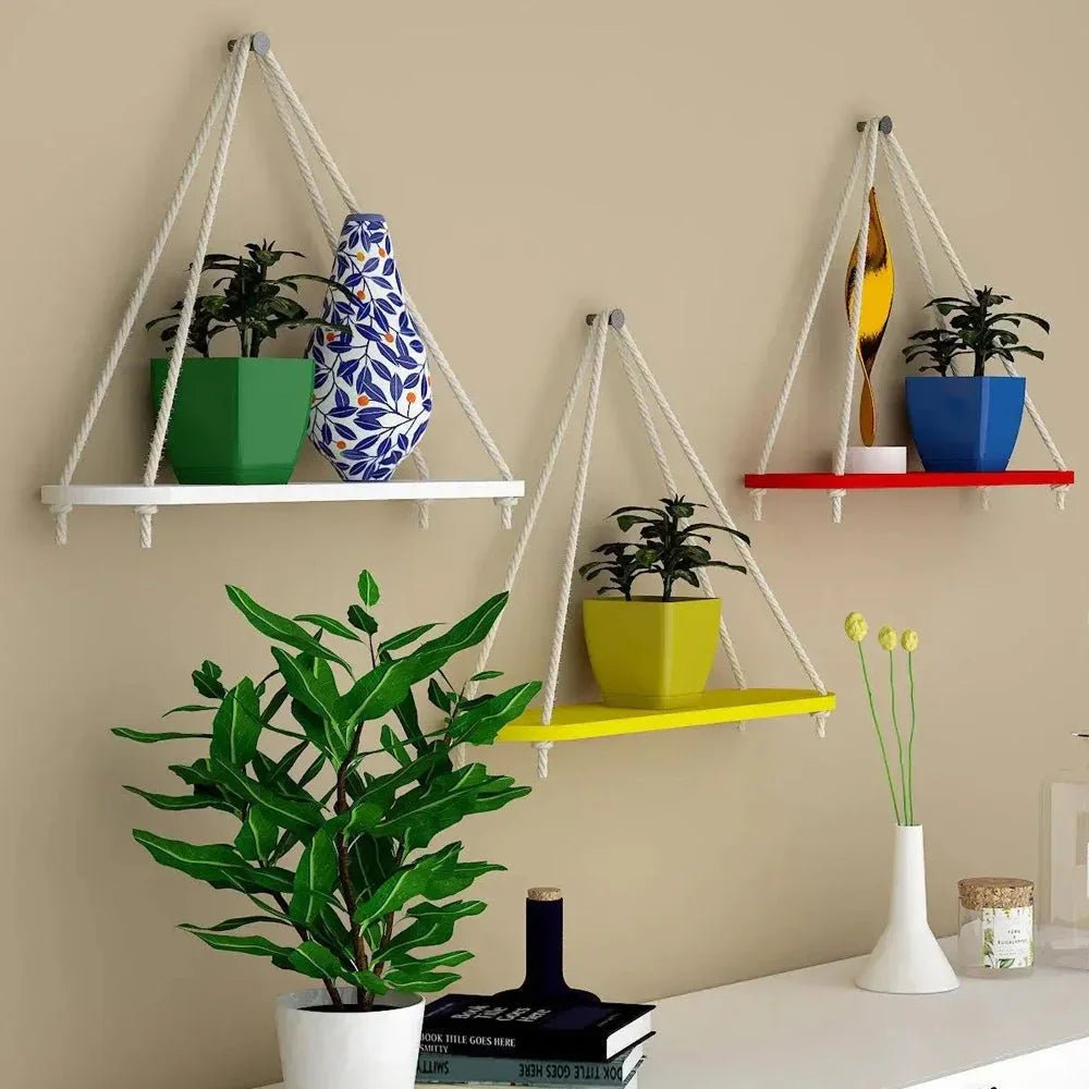 Wooden Wall Hanging Planter Shelf with Rope (Multicolor, Set of 3) - All India Decor