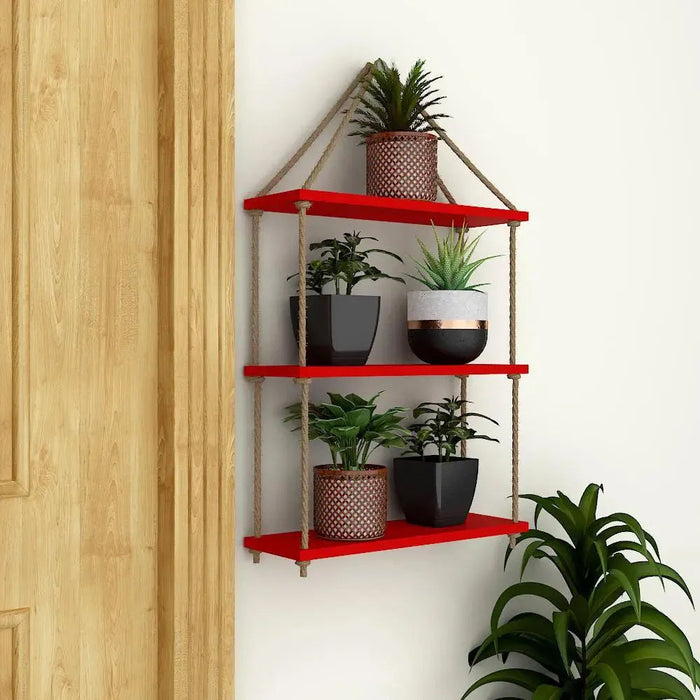 Planter Shelf Wooden Wall Hanging with Rope (Red Color)