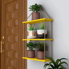 Planter Shelf Wooden Wall Hanging with Rope (Yellow Color) - All India Decor