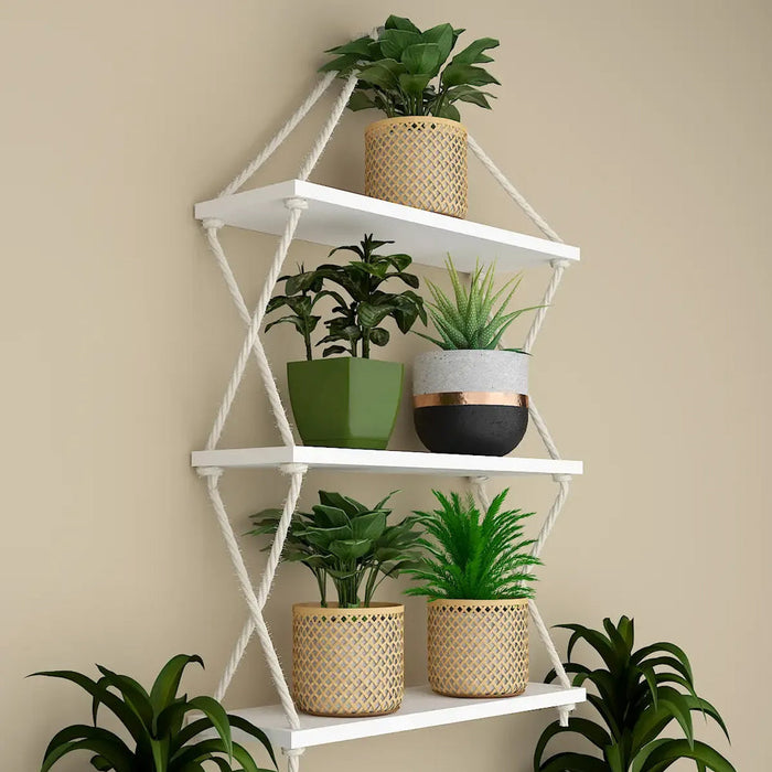 Cross Rope Wooden Wall Hanging Planter Shelf (White Color)