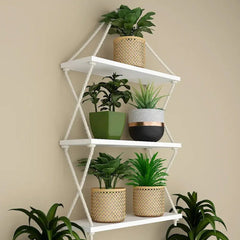 Cross Rope Wooden Wall Hanging Planter Shelf (White Color) - All India Decor