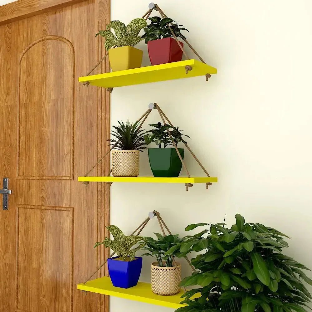 Wooden Wall Hanging Planter Shelf with Rope (Yellow, Set of 3) - All India Decor