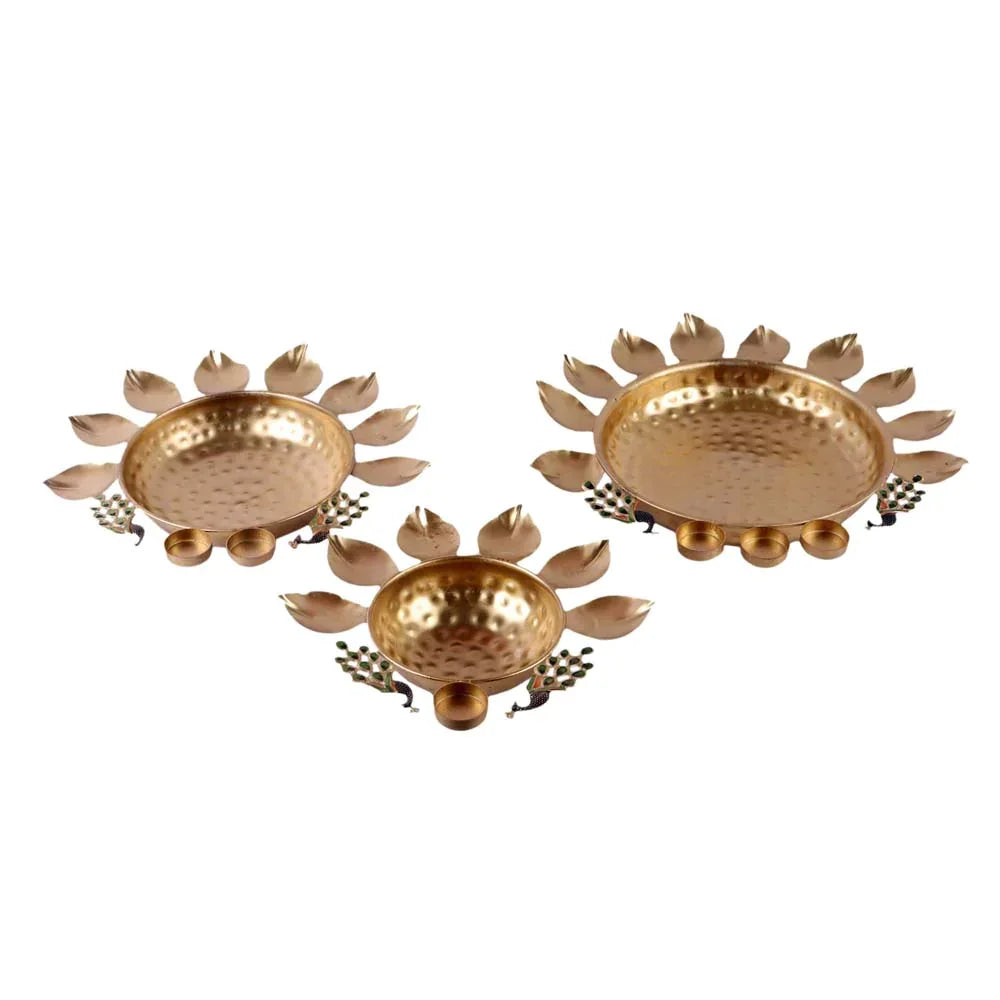 Metal Set of 3 Peacock Urli Bowl Tealight Holder - All India Decor