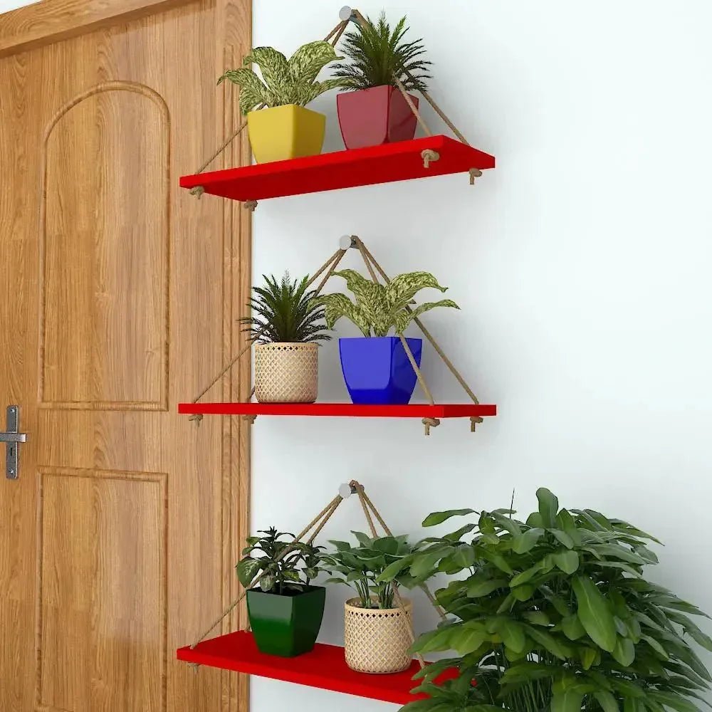 Wooden Wall Hanging Planter Shelf with Rope (Red, Set of 3) - All India Decor