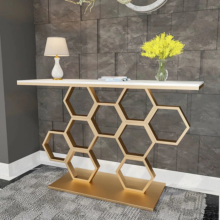 Honeycomb Motif Golden Metal Finish Console Table