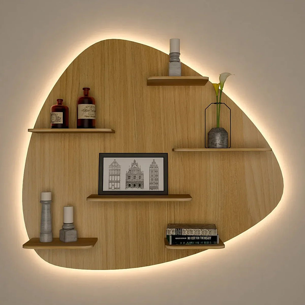 Abstract Shape Backlit Wood Wall Shelf / Book Shelf / Night Light, Light Oak Finish - All India Decor