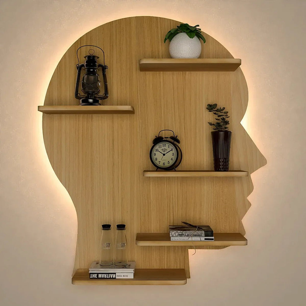 Man Face Backlit Wooden Wall Shelf / Book Shelves / Night Light, Light Oak Finish - All India Decor
