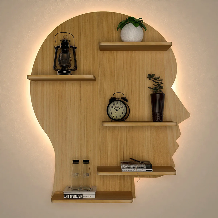 Man Face Backlit Wooden Wall Shelf / Book Shelves / Night Light, Light Oak Finish