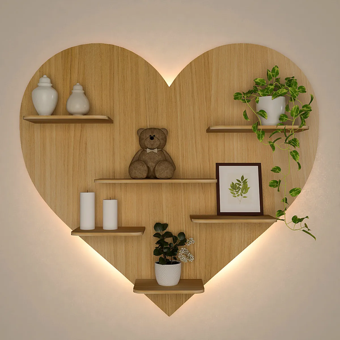 Heart Backlit Wood Wall Shelf / Book Shelf / Night Light, Light Oak Finish