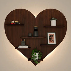 Heart Backlit Wood Wall Shelf / Book Shelf, Walnut Finish - All India Decor