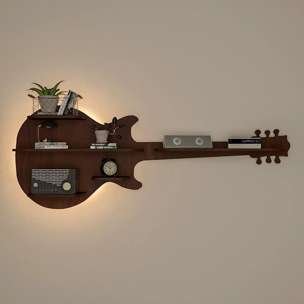 Guitar Backlit Wood Wall Shelf / Book Shelf / Night Light, Walnut Finish - All India Decor