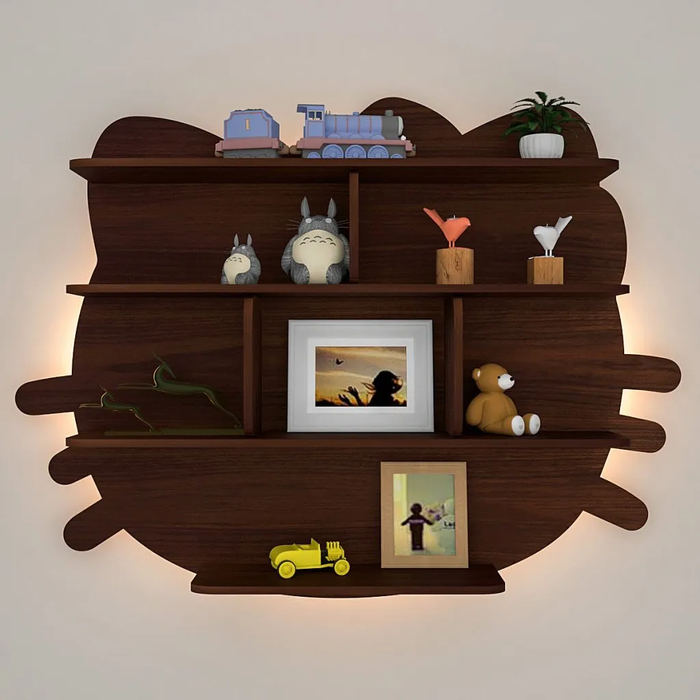 Cat Shape Backlit Wood Wall Shelf / Book Shelf / Night Light, Walnut Finish