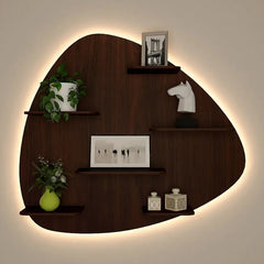 Abstract Shape Backlit Wood Wall Shelf / Book Shelf / Night Light, Walnut Finish - All India Decor
