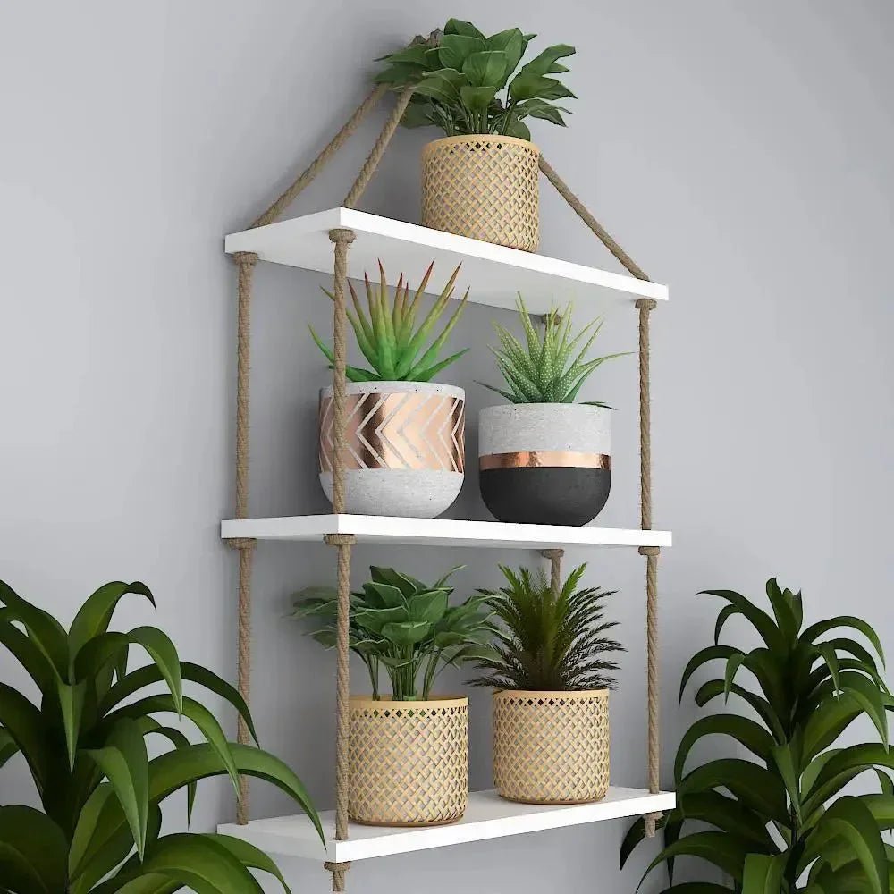 Planter Shelf Wooden Wall Hanging with Rope (White Color) - All India Decor