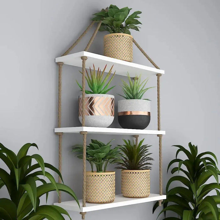 Planter Shelf Wooden Wall Hanging with Rope (White Color)