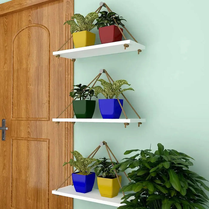 Wooden Wall Hanging Planter Shelf with Rope (White, Set of 3)