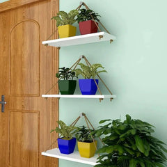 Wooden Wall Hanging Planter Shelf with Rope (White, Set of 3) - All India Decor