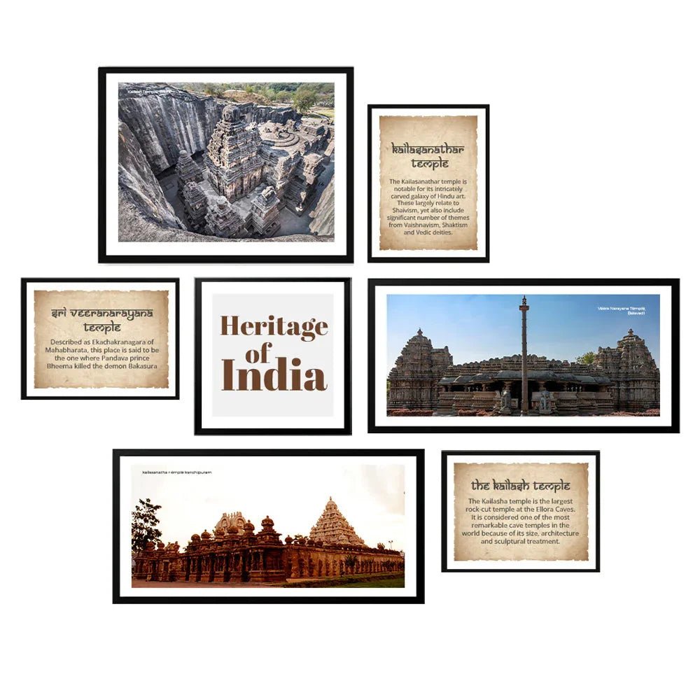 Set Of 7 Frame Sets Of Intricate Art Heritage Temples Of India - All India Decor