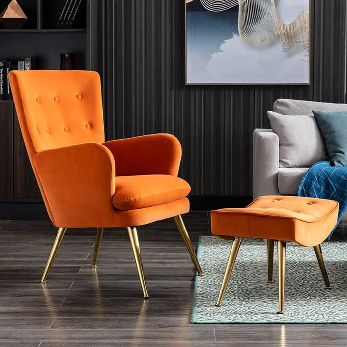 Tufted Long Back Orange Lounge Chair With Ottoman