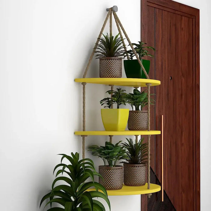 Wooden Wall Hanging Planter Shelf with Rope Three Layers(Yellow)