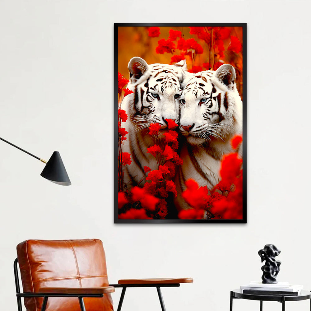 Wild White Tigers with Flower Canvas Printed Wall Paintings & Arts