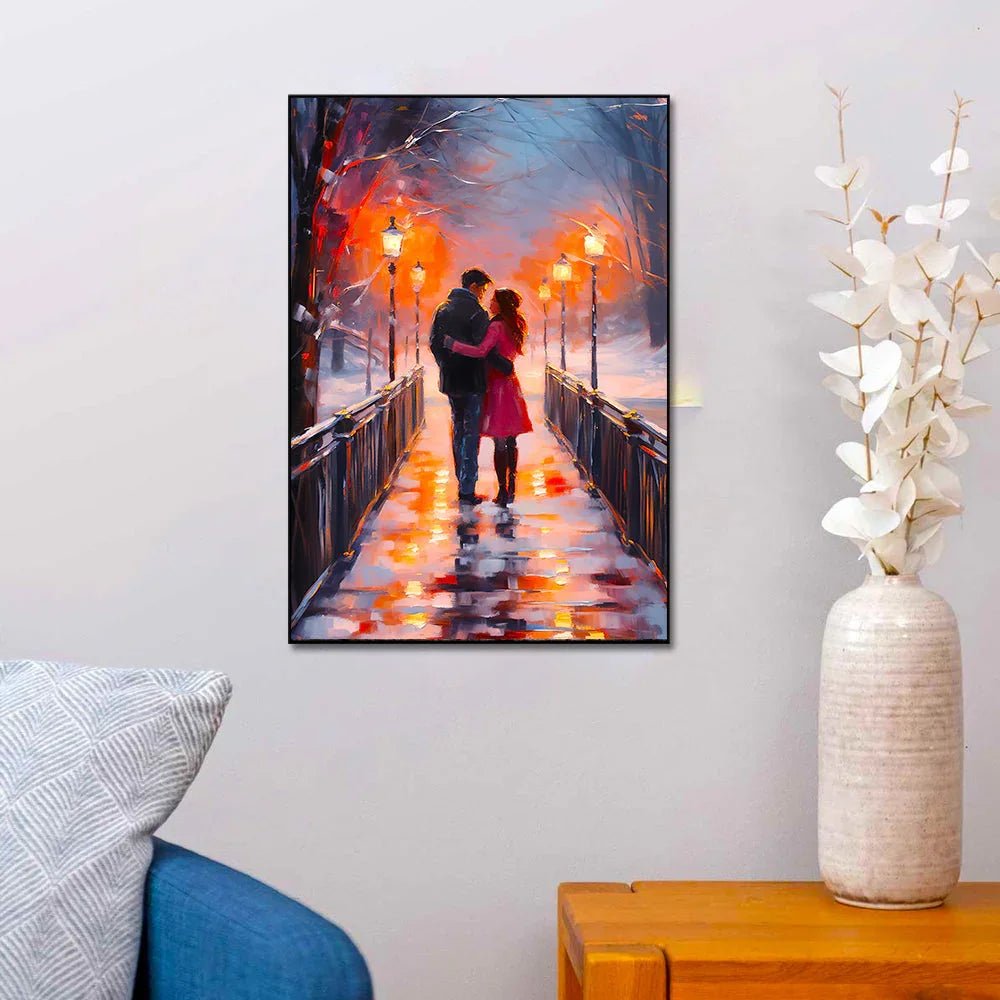 Beautiful A Couple Walking on A Bridge in The Snow Loving Wall Paintings & Arts - All India Decor
