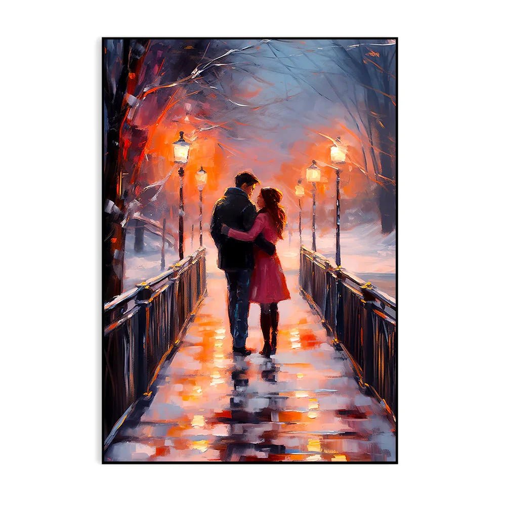 Beautiful A Couple Walking on A Bridge in The Snow Loving Wall Paintings & Arts - All India Decor