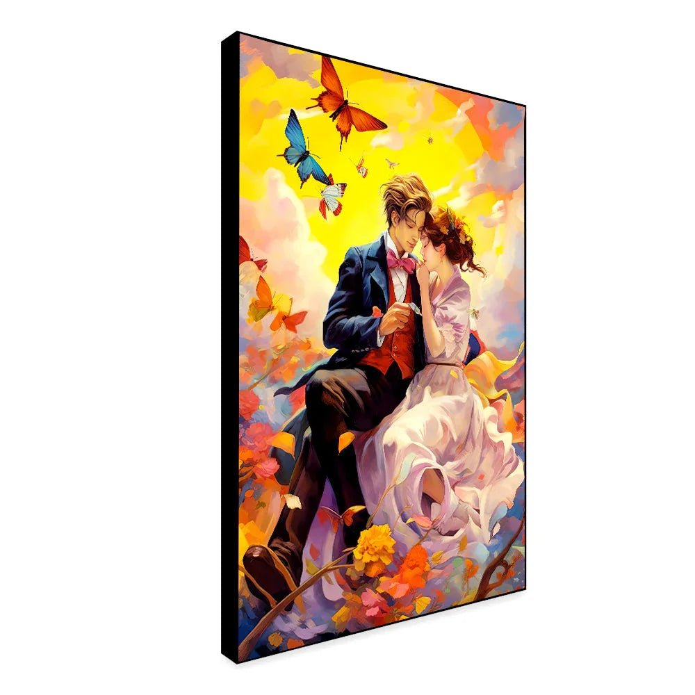 Young Couple Romantic Artwork Butterflies with Beautiful Sky Colorful Artwork Valentines Day Love Canvas Wall Paintings & Arts Gallery - All India Decor