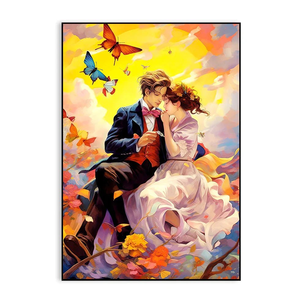Young Couple Romantic Artwork Butterflies with Beautiful Sky Colorful Artwork Valentines Day Love Canvas Wall Paintings & Arts Gallery - All India Decor