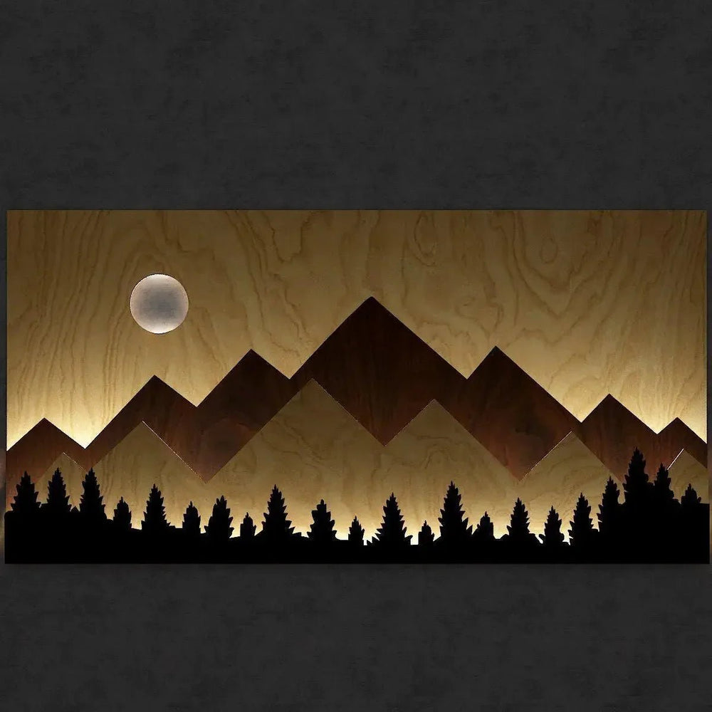 Layred Mountain Pallat Woood Art with Backlit Wood Wall Décor / Night Light, Walnut or Oak Finish - All India Decor