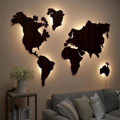 World Map Backlit Wood Wall Décor / Night Light, Walnut Finish - All India Decor