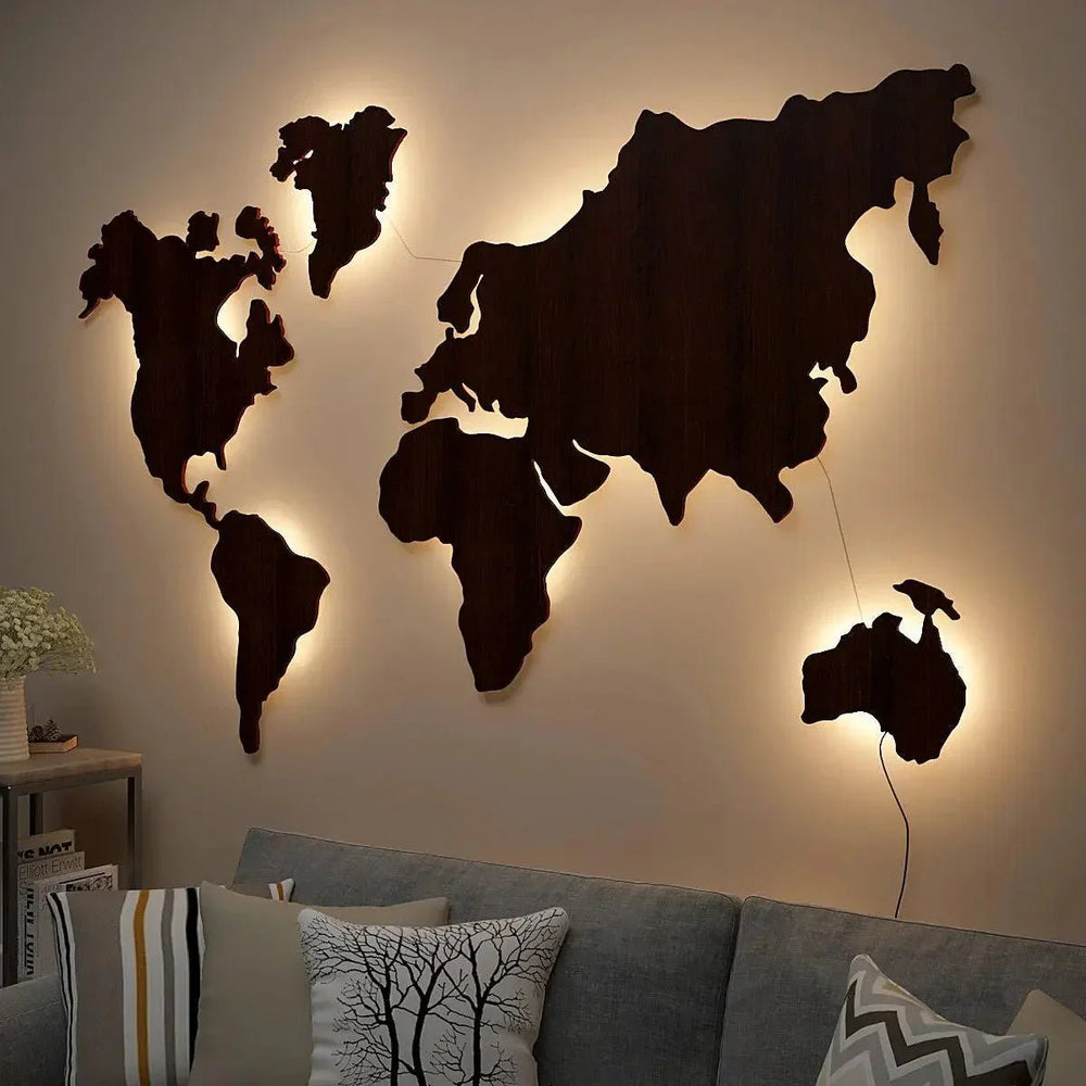 World Map Backlit Wood Wall Décor / Night Light, Walnut Finish - All India Decor